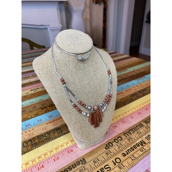 Vintage Double Strand Silver Tone Rose Flower 20” Beaded Necklace Goldstone - Picture 4 of 8